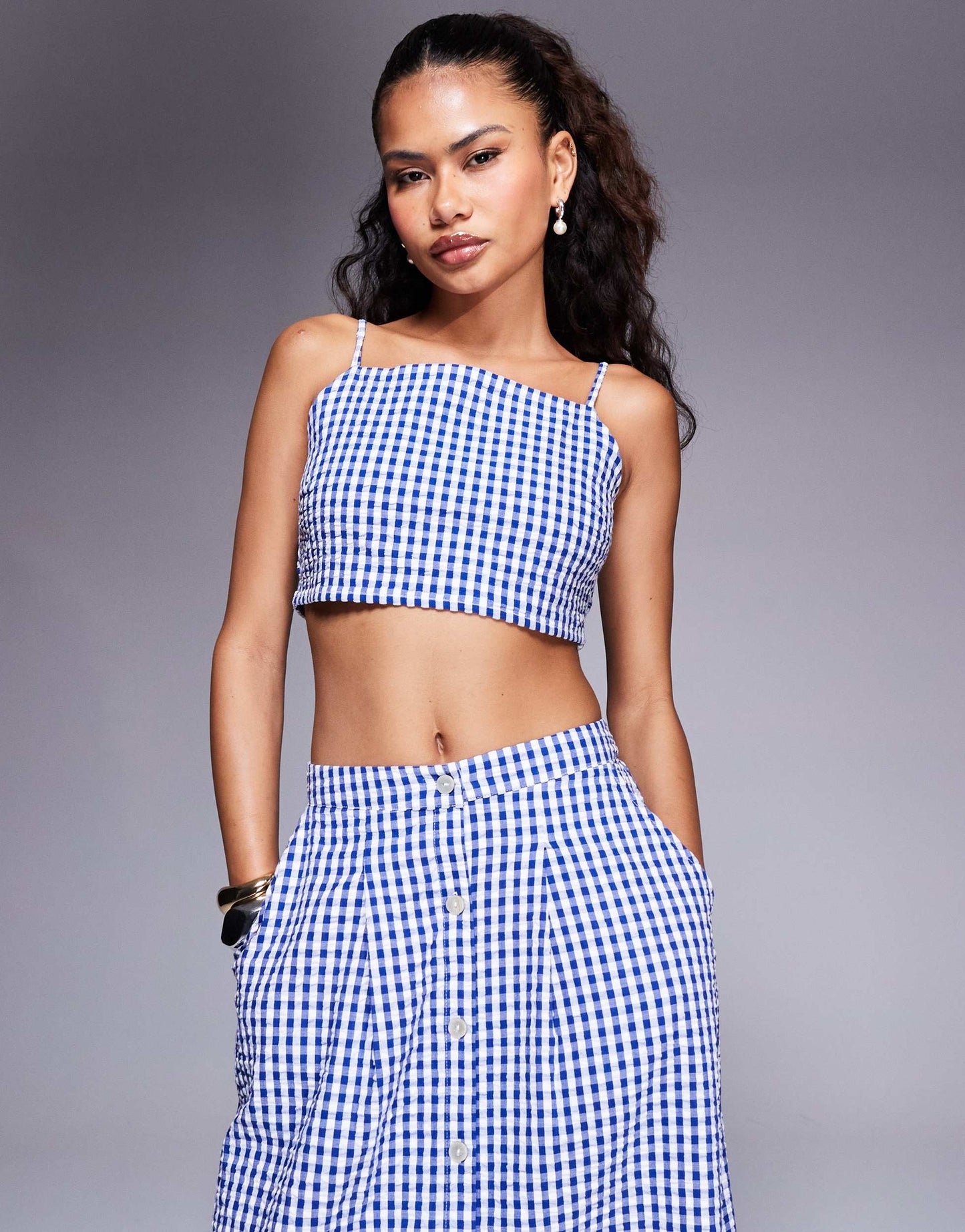 River Island ruched gingham bralet top co-ord in blue