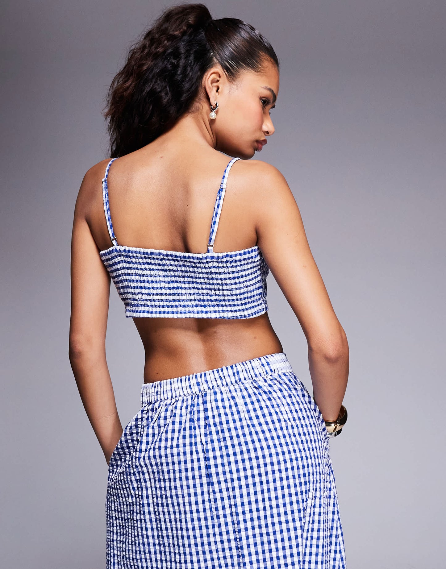 River Island ruched gingham bralet top co-ord in blue