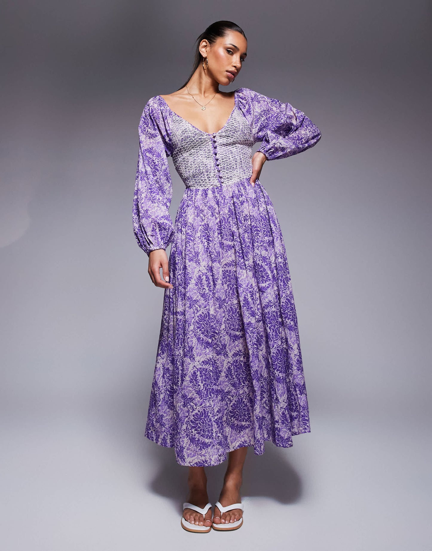 River Island longsleeve V neck printed maxi dress in purple