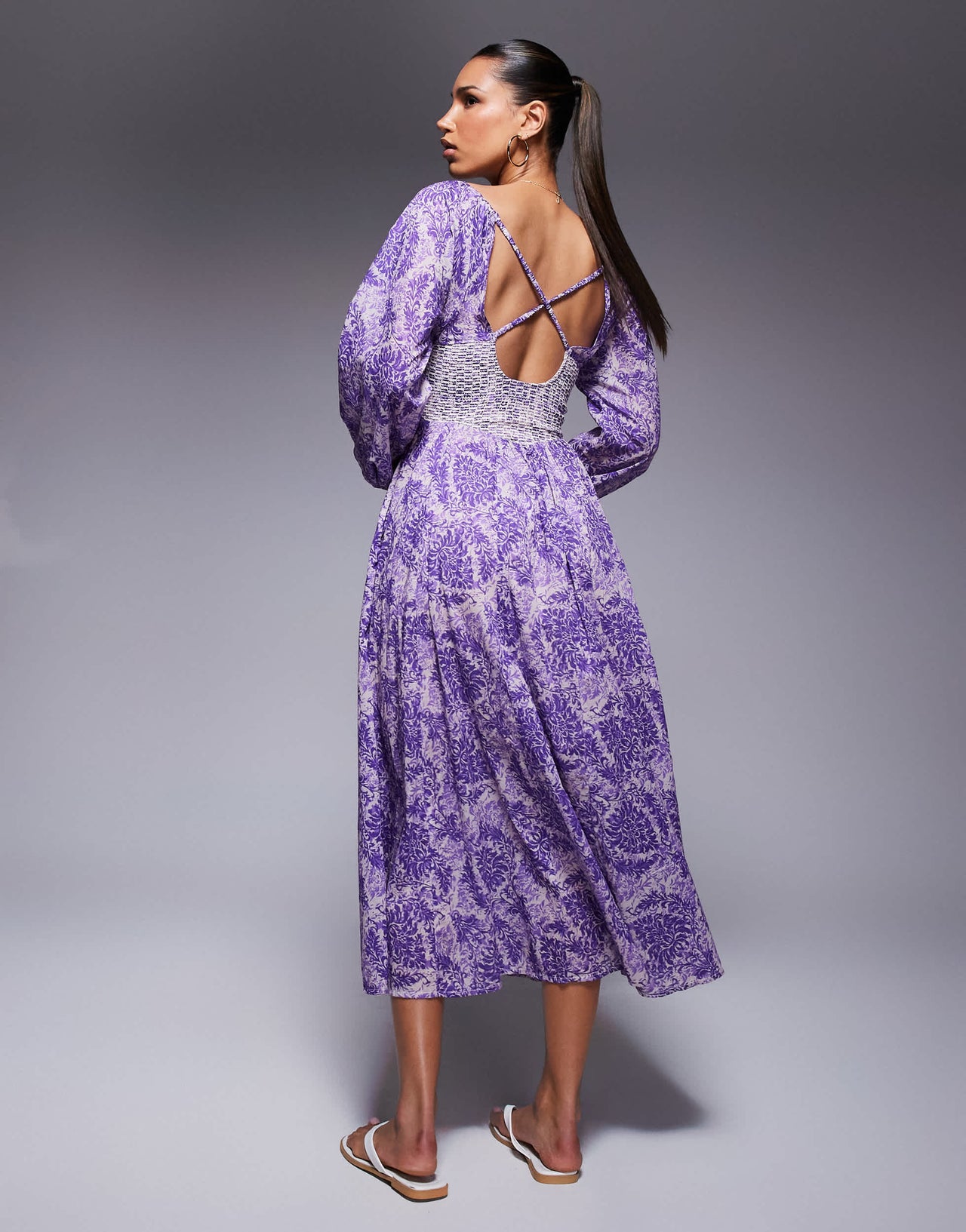 River Island longsleeve V neck printed maxi dress in purple