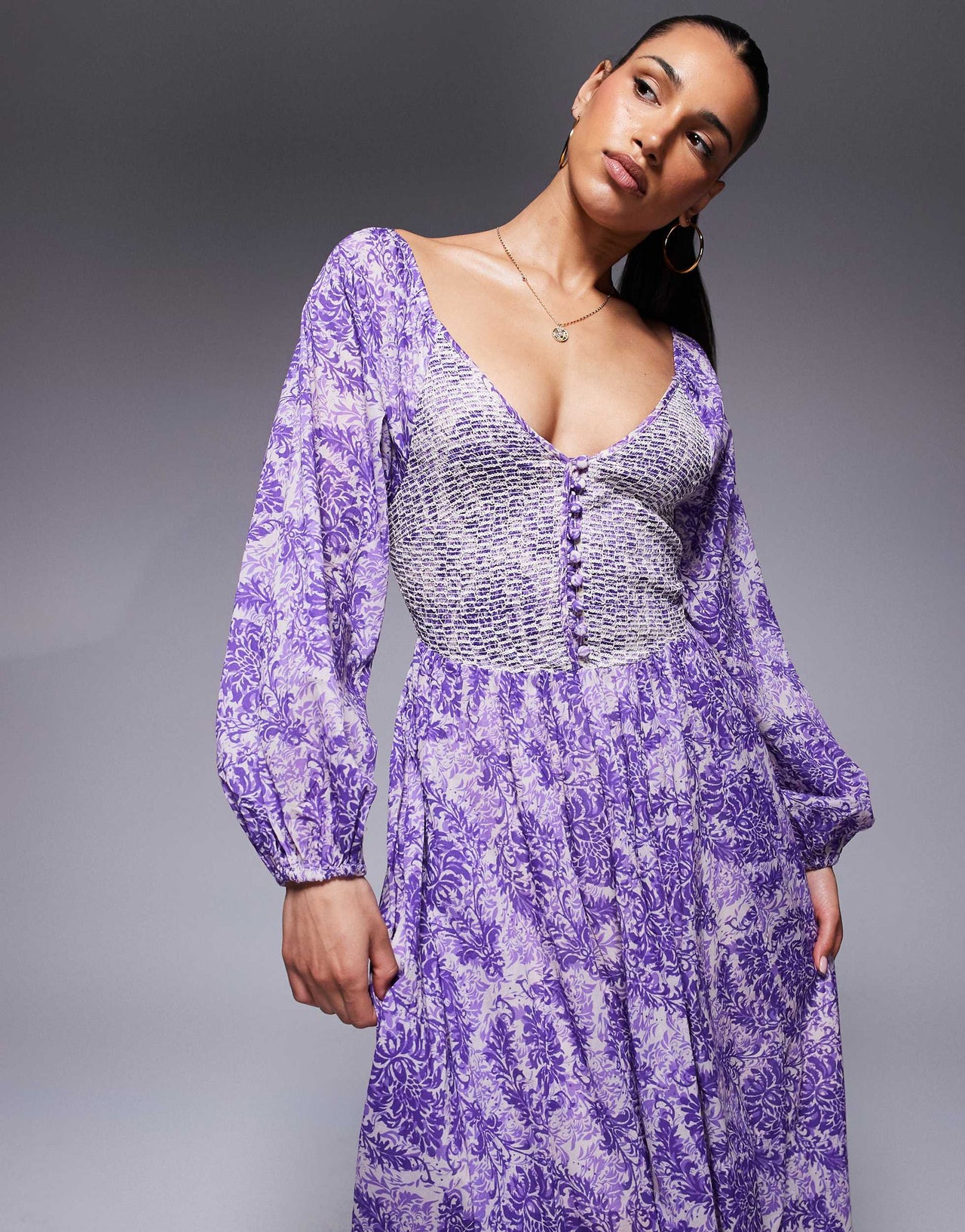 River Island longsleeve V neck printed maxi dress in purple