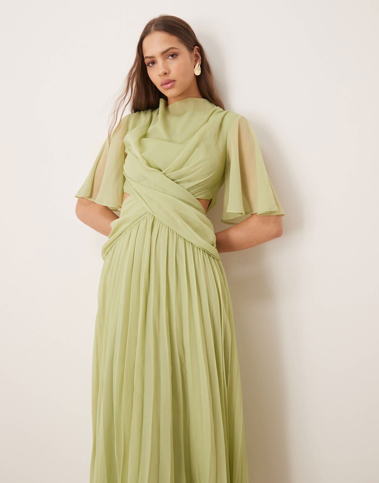 ASOS DESIGN cowl wrap front pleated midi dress with cut out in sage green