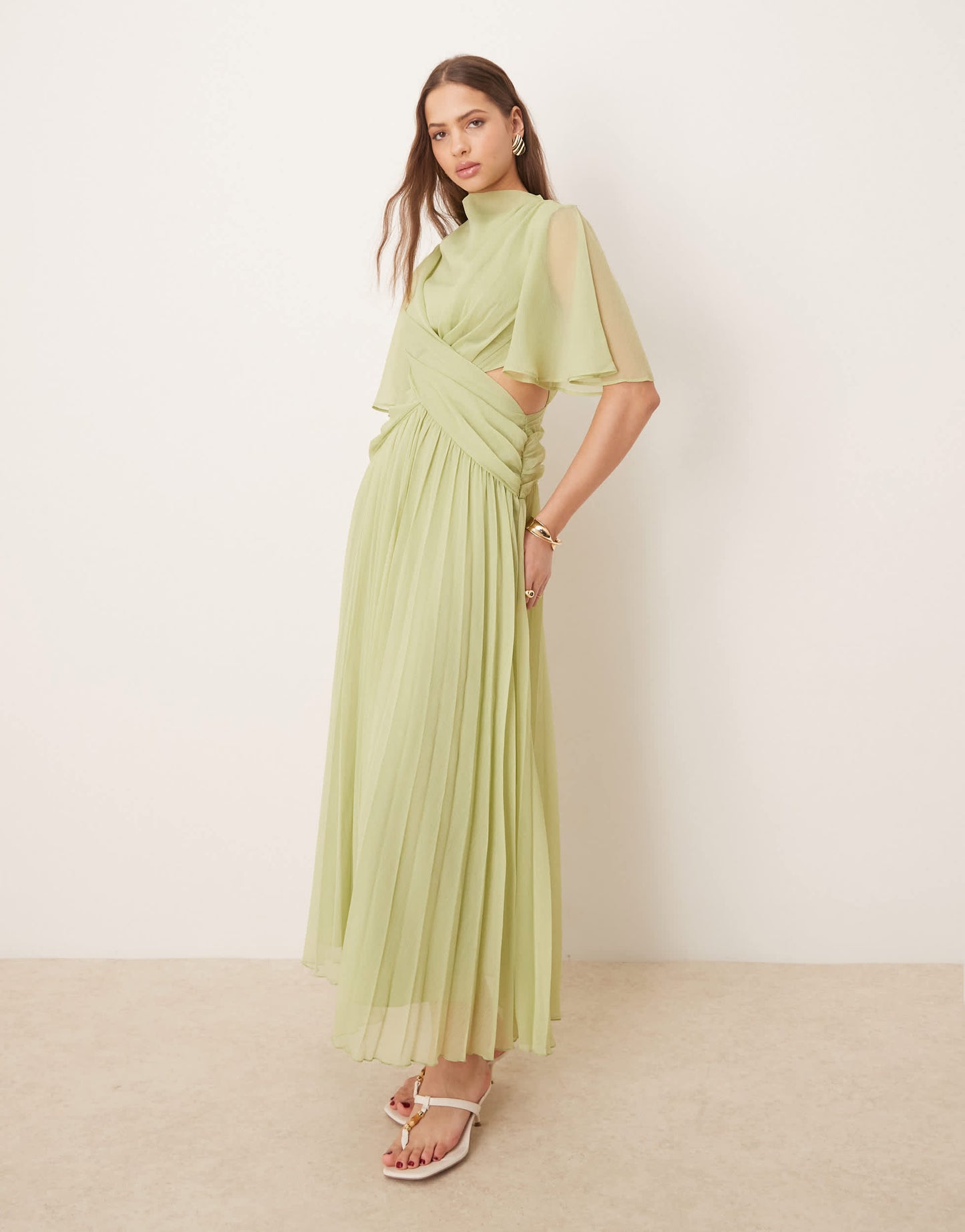 ASOS DESIGN cowl wrap front pleated midi dress with cut out in sage green