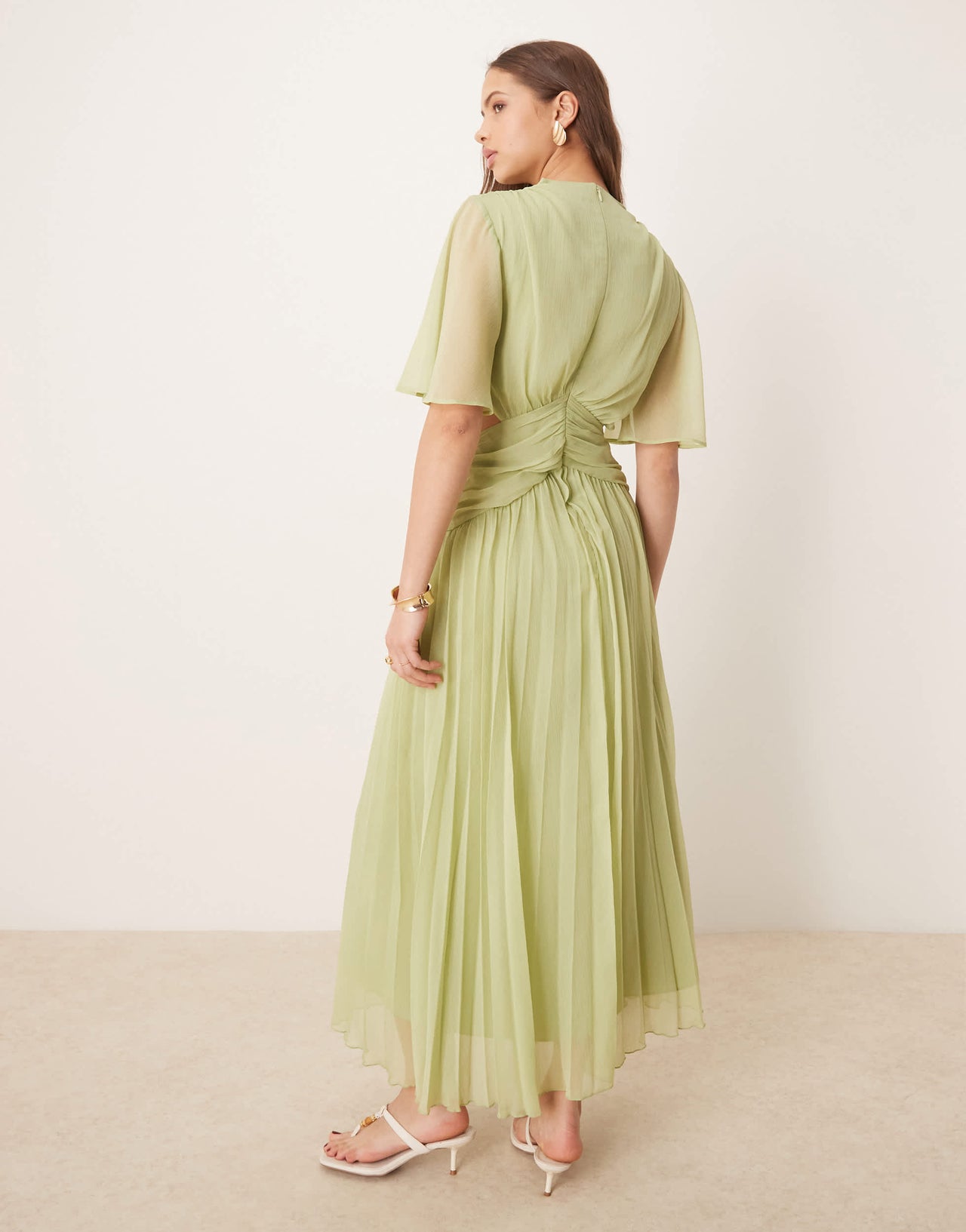 ASOS DESIGN cowl wrap front pleated midi dress with cut out in sage green