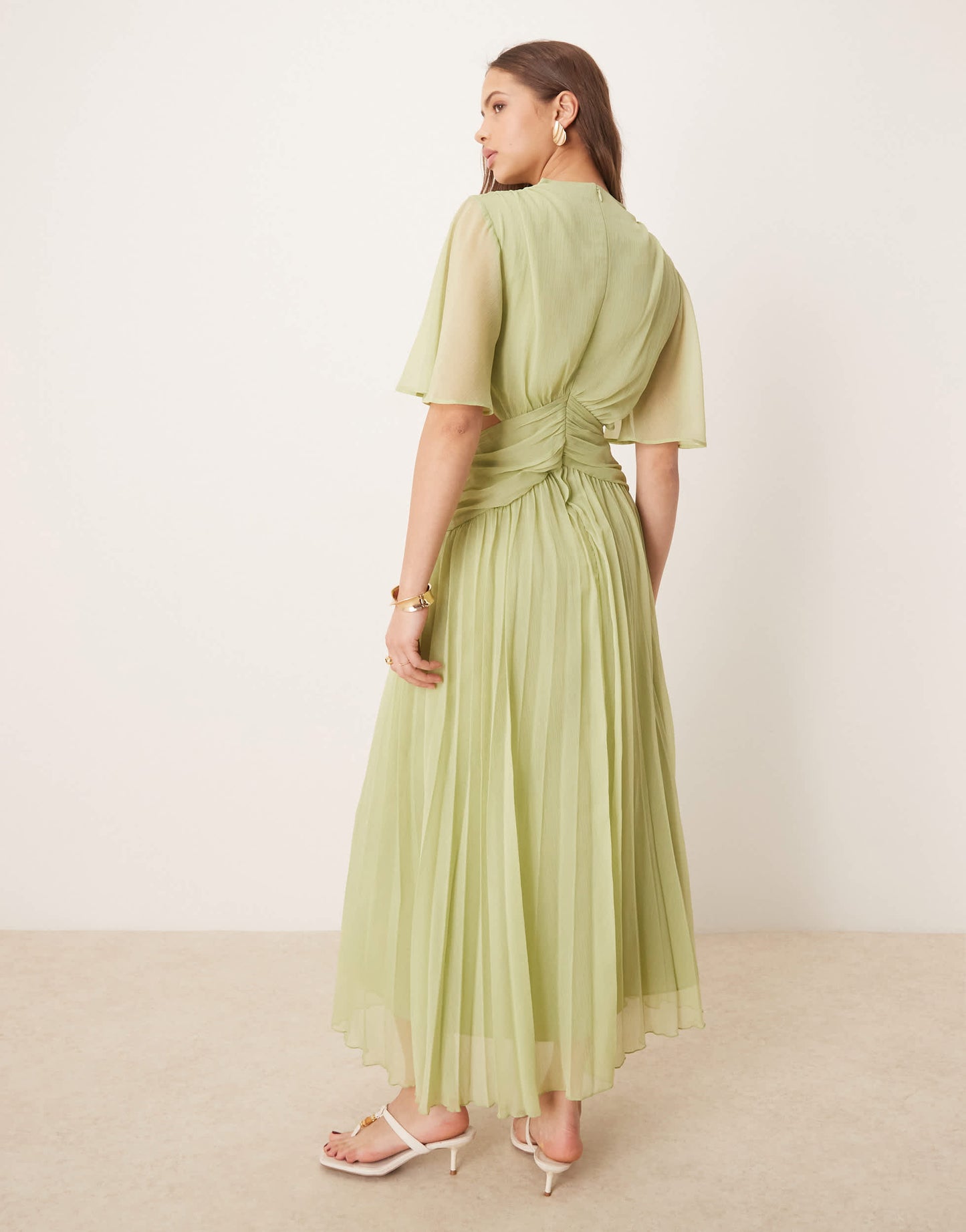 ASOS DESIGN cowl wrap front pleated midi dress with cut out in sage green