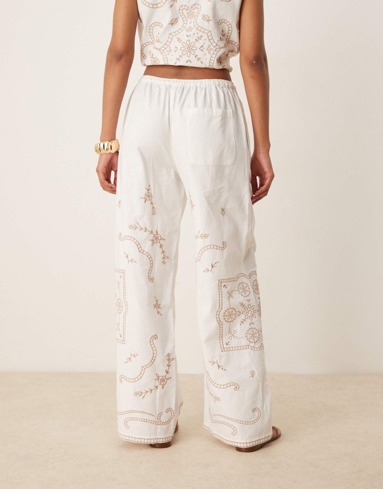 ASOS DESIGN linen look pull on trousers co-ord with embroidery in white