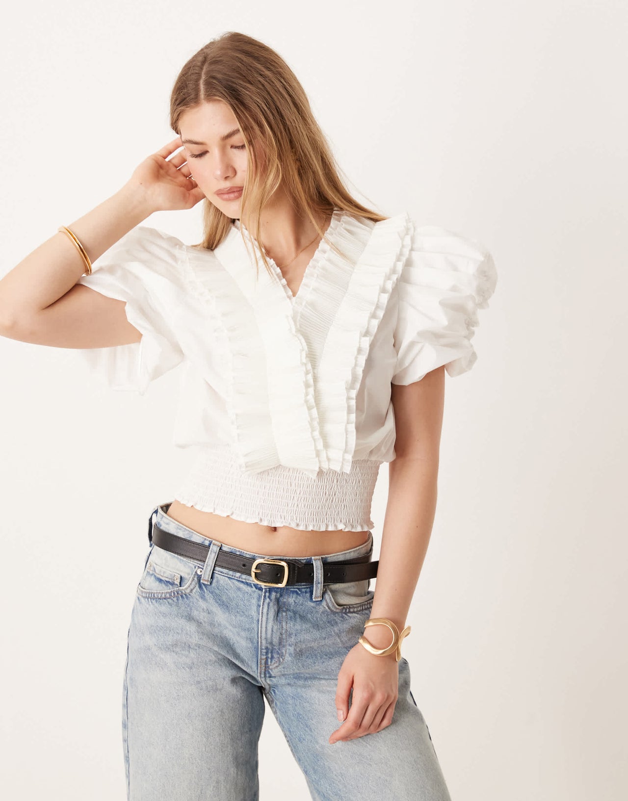 YAS puff sleeve pleated ruffle detail poplin top in white