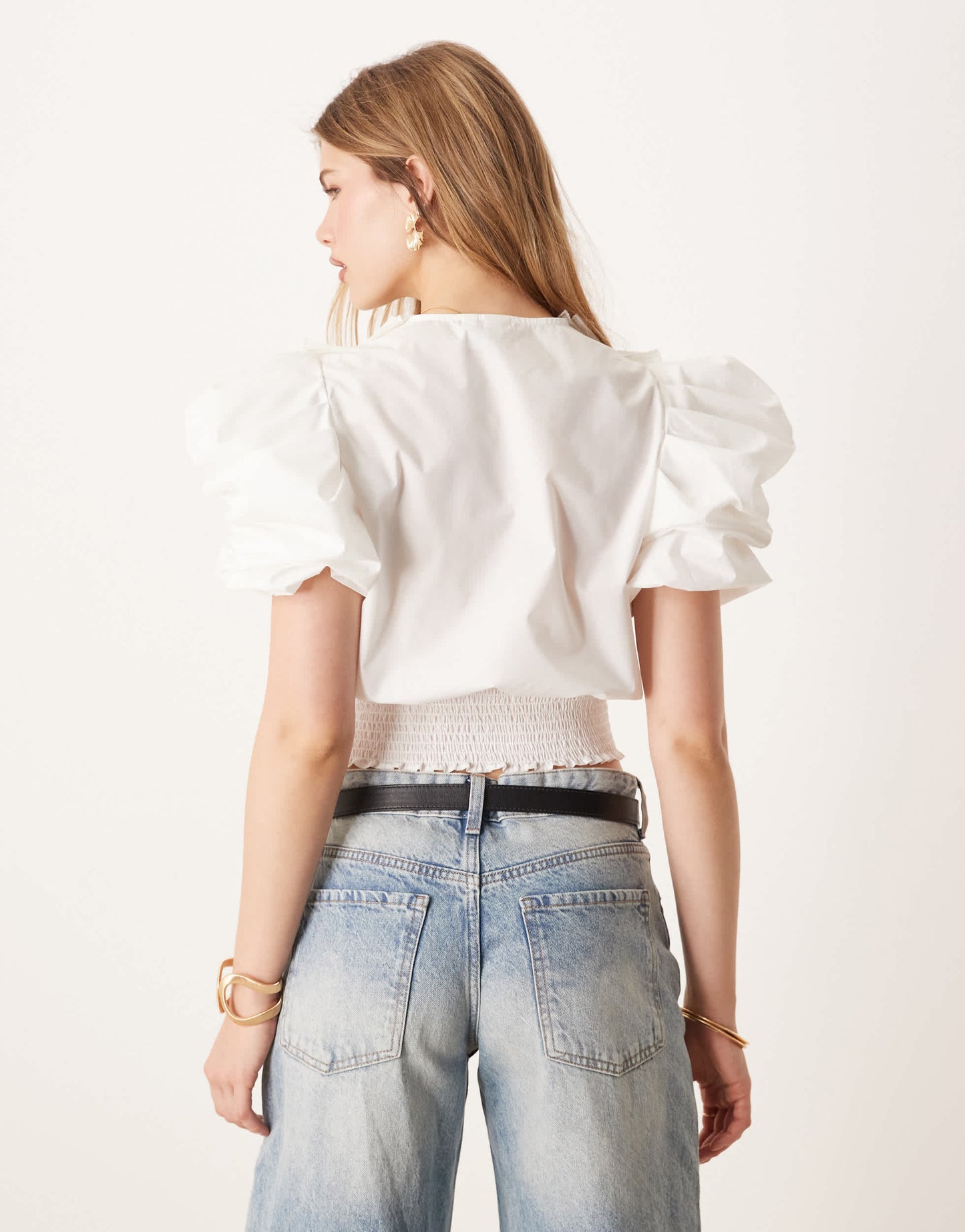 YAS puff sleeve pleated ruffle detail poplin top in white