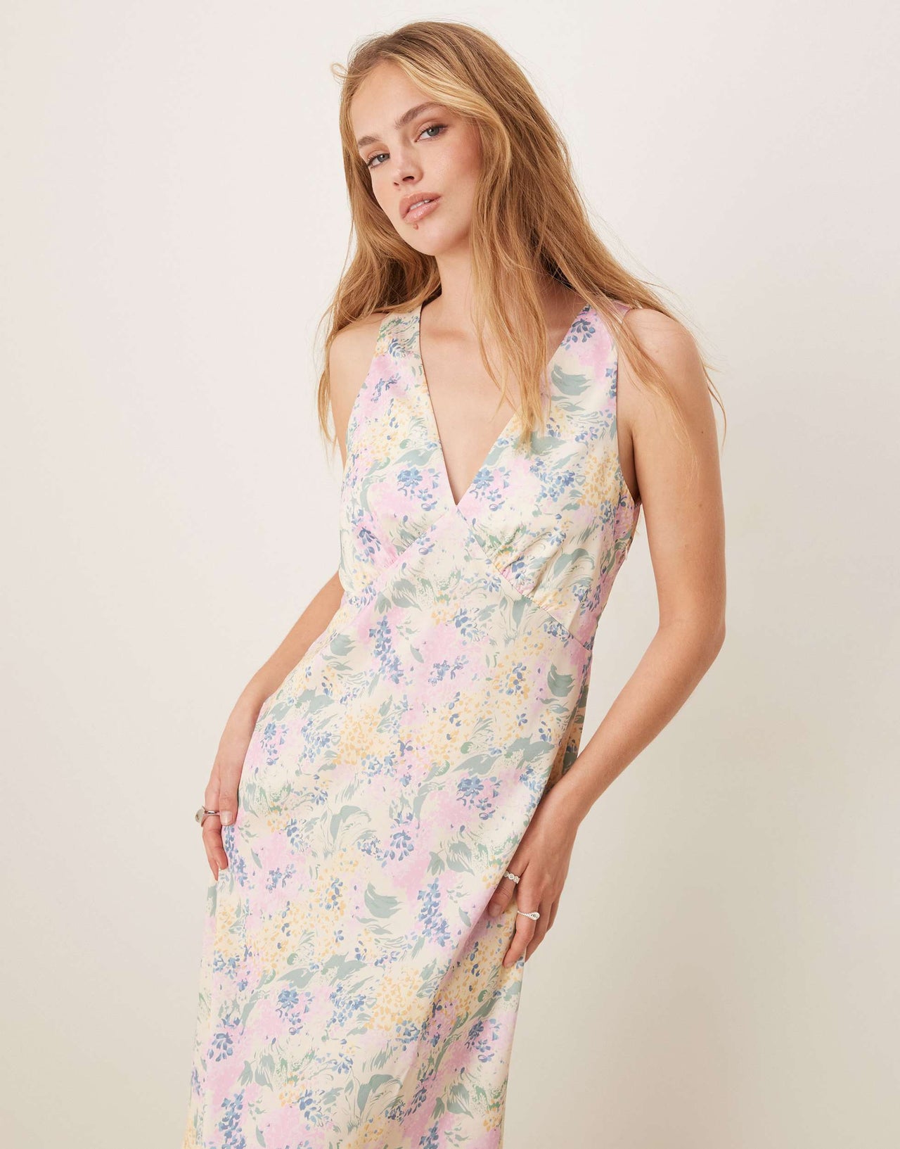 YAS satin v neck maxi dress in meadow floral print