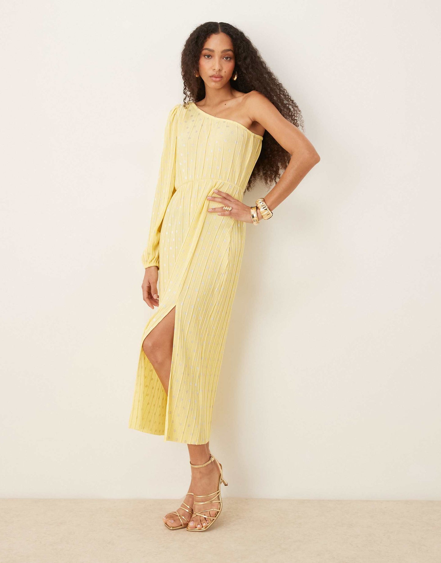 YAS foil spot plisse one shoulder maxi dress in pale yellow