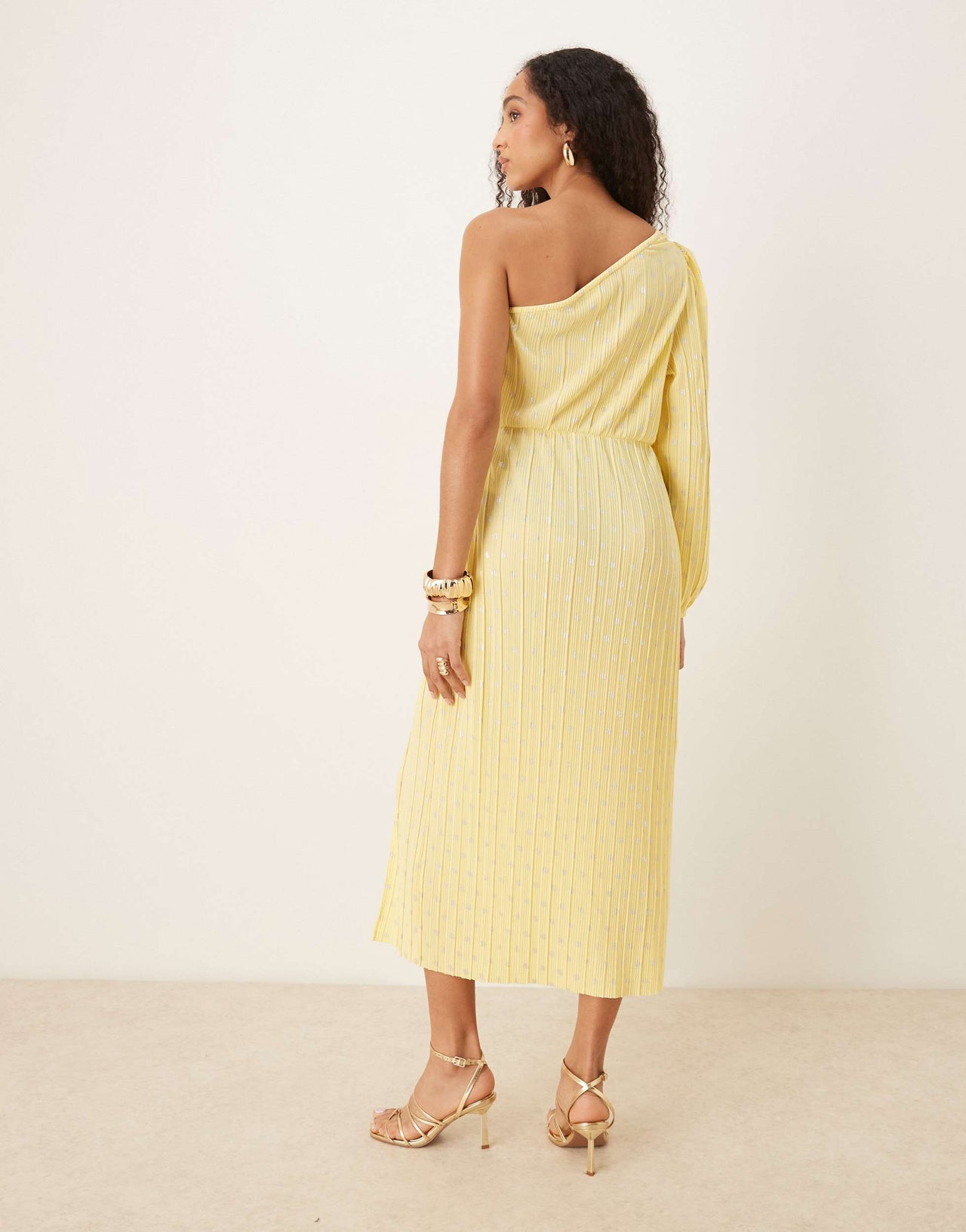 YAS foil spot plisse one shoulder maxi dress in pale yellow