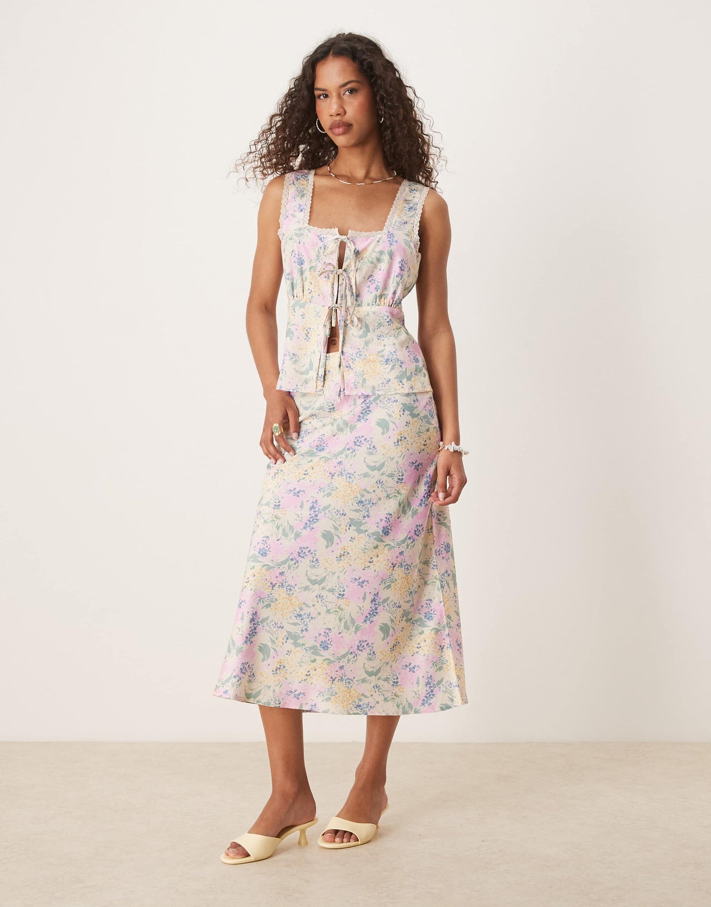 YAS lace trim tie front satin cami top co-ord in meadow floral print