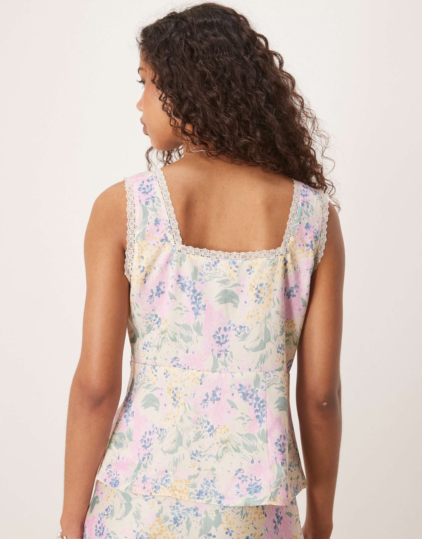 YAS lace trim tie front satin cami top co-ord in meadow floral print