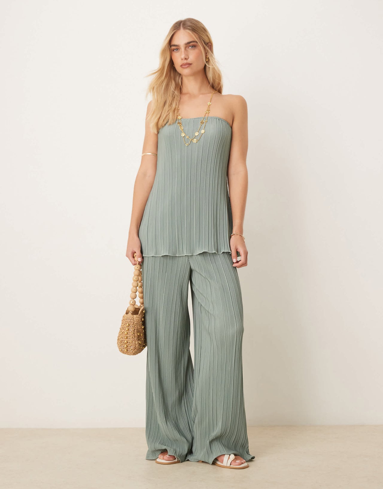 YAS plisse wide leg trouser co-ord with rolled hem detail in soft green