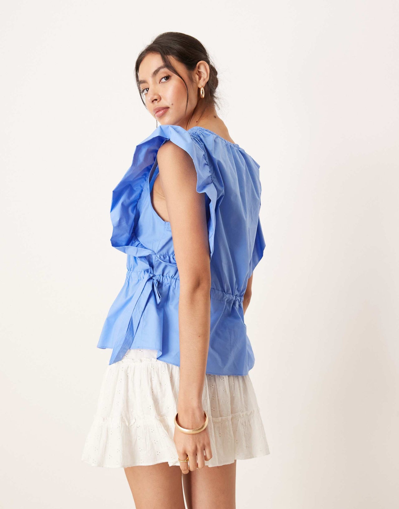 YAS ruffle sleeve tie waist detail poplin top in provence blue
