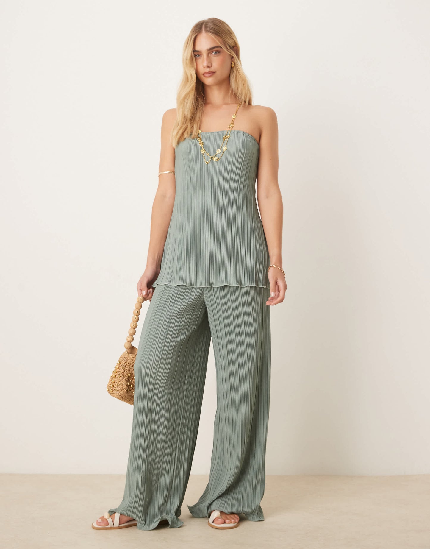 YAS plisse bandeau co-ord with rolled hem detail in soft green