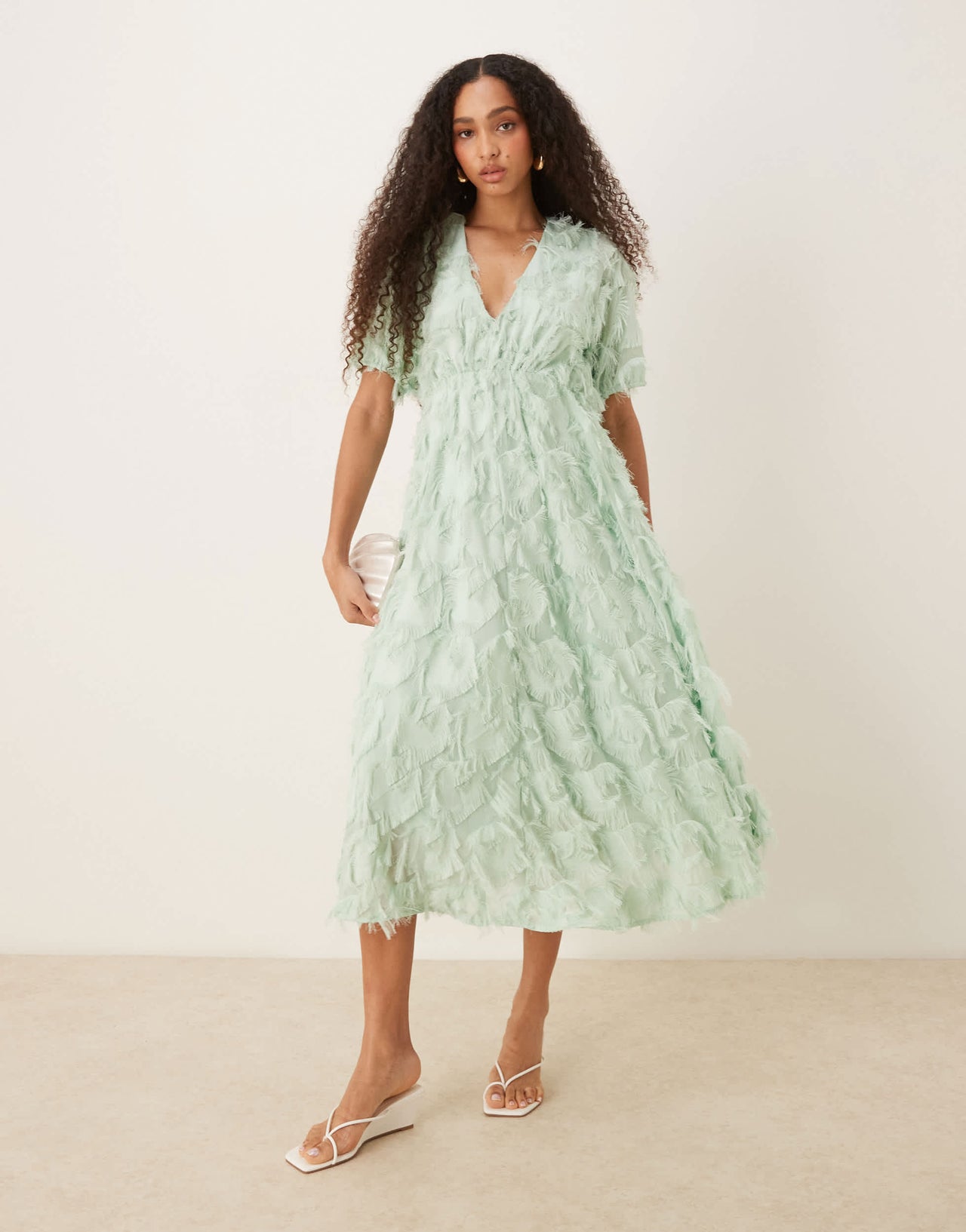 YAS textured v neck midi dress in mist green