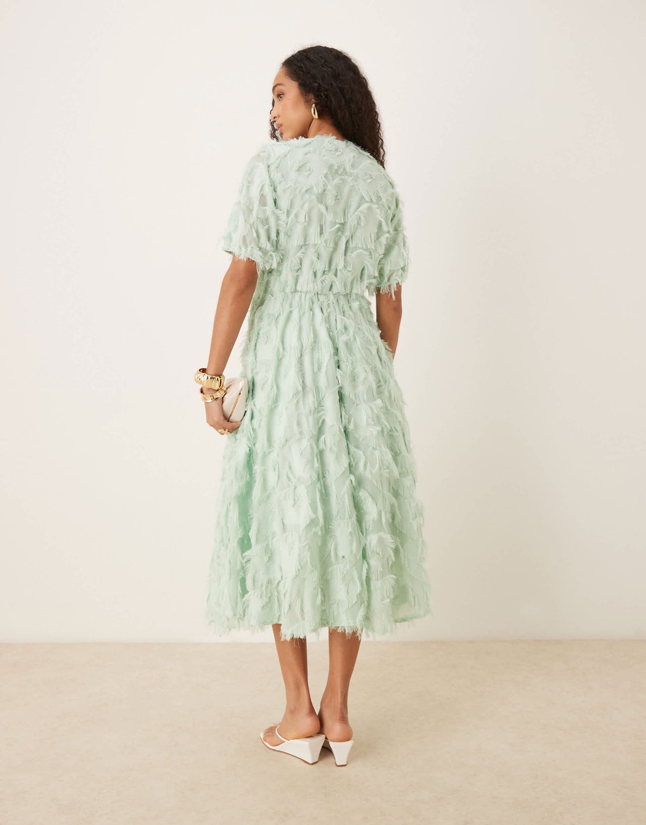 YAS textured v neck midi dress in mist green