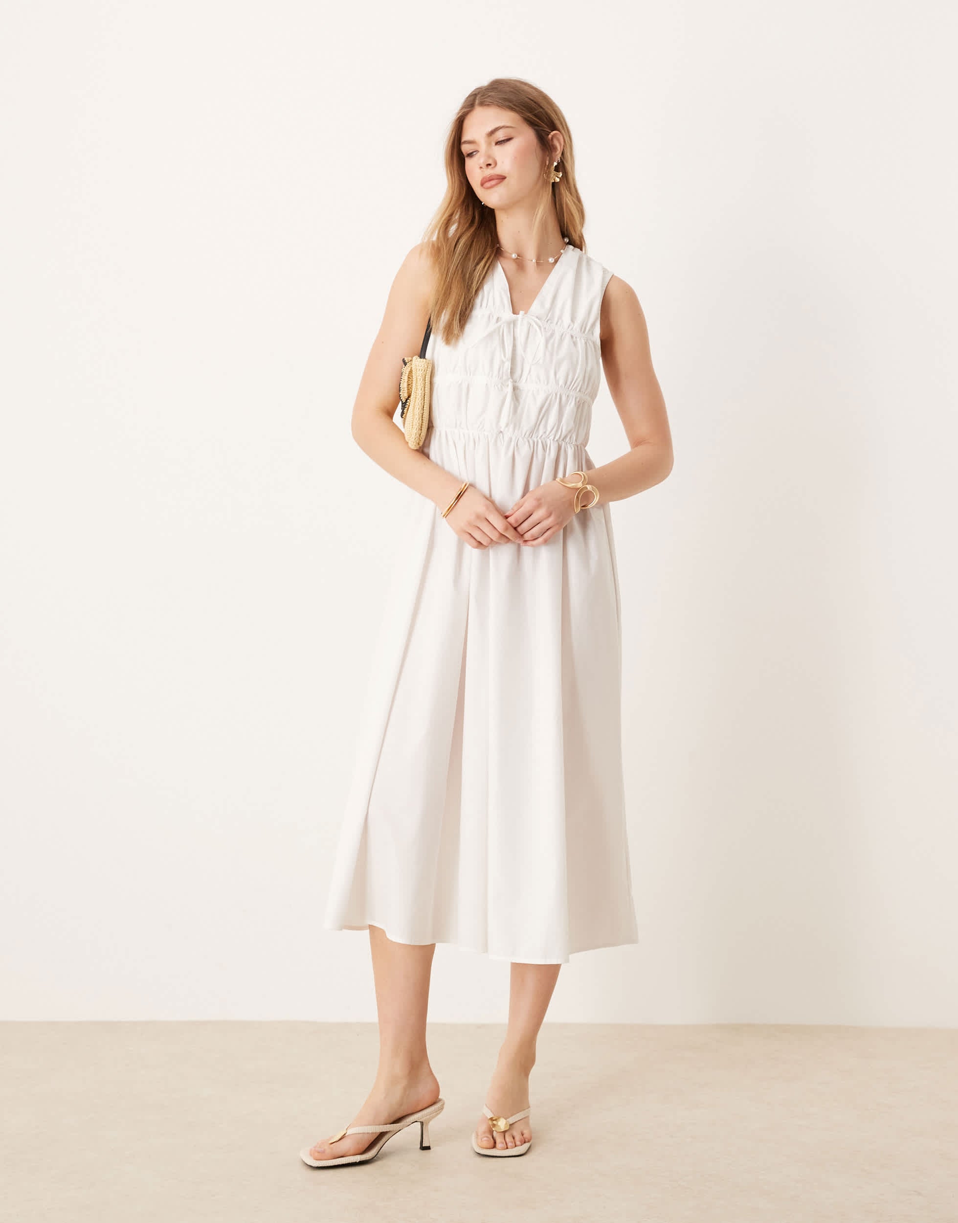 YAS sleeveless plunge poplin maxi dress in white
