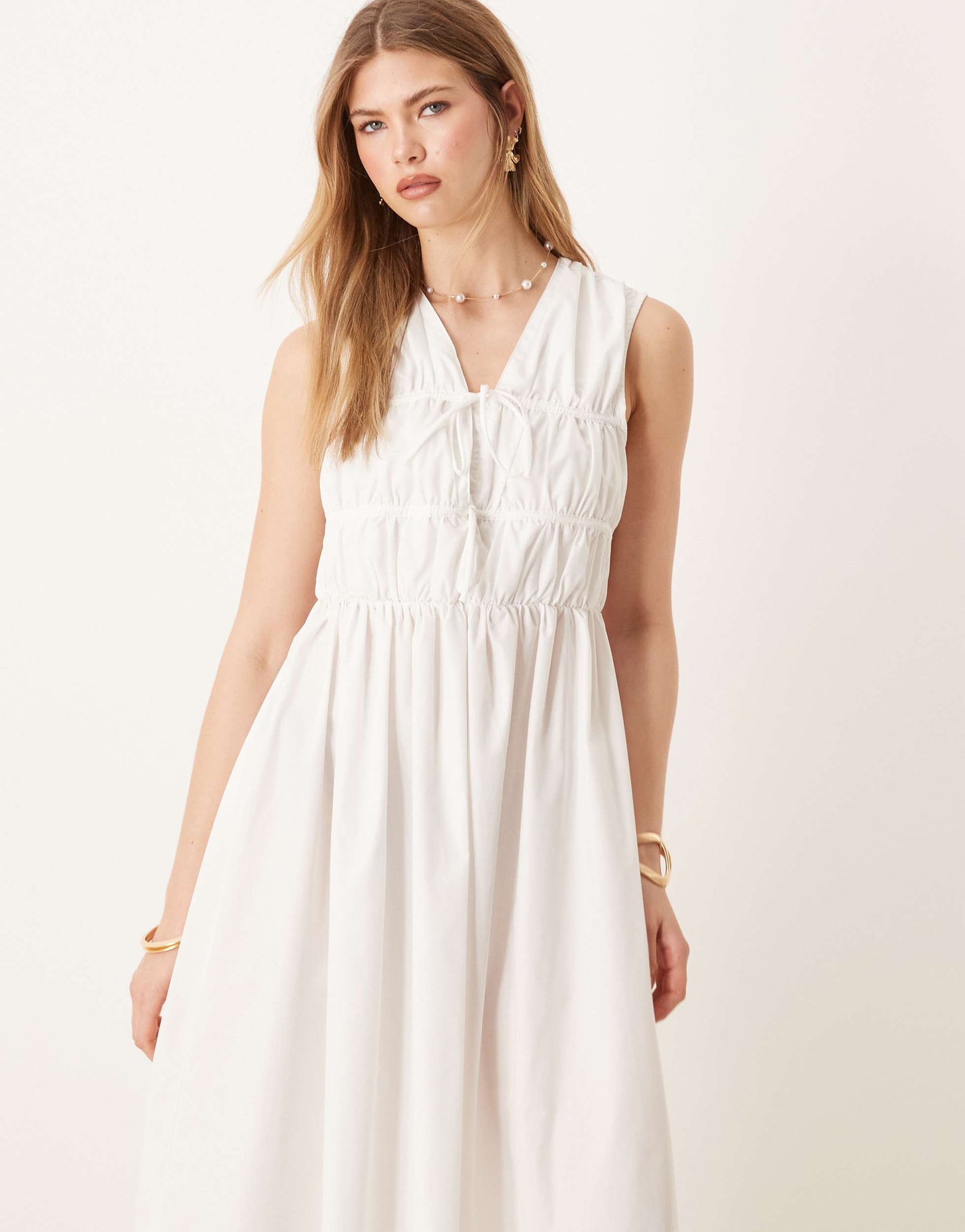 YAS sleeveless plunge poplin maxi dress in white
