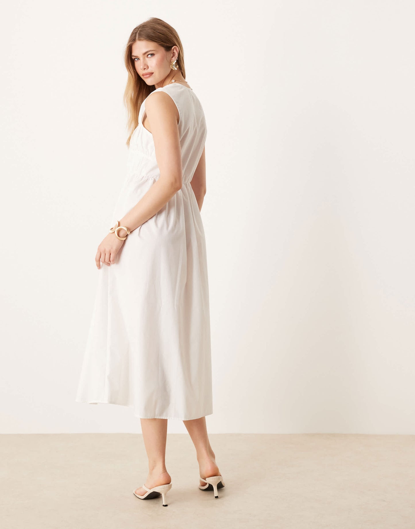 YAS sleeveless plunge poplin maxi dress in white