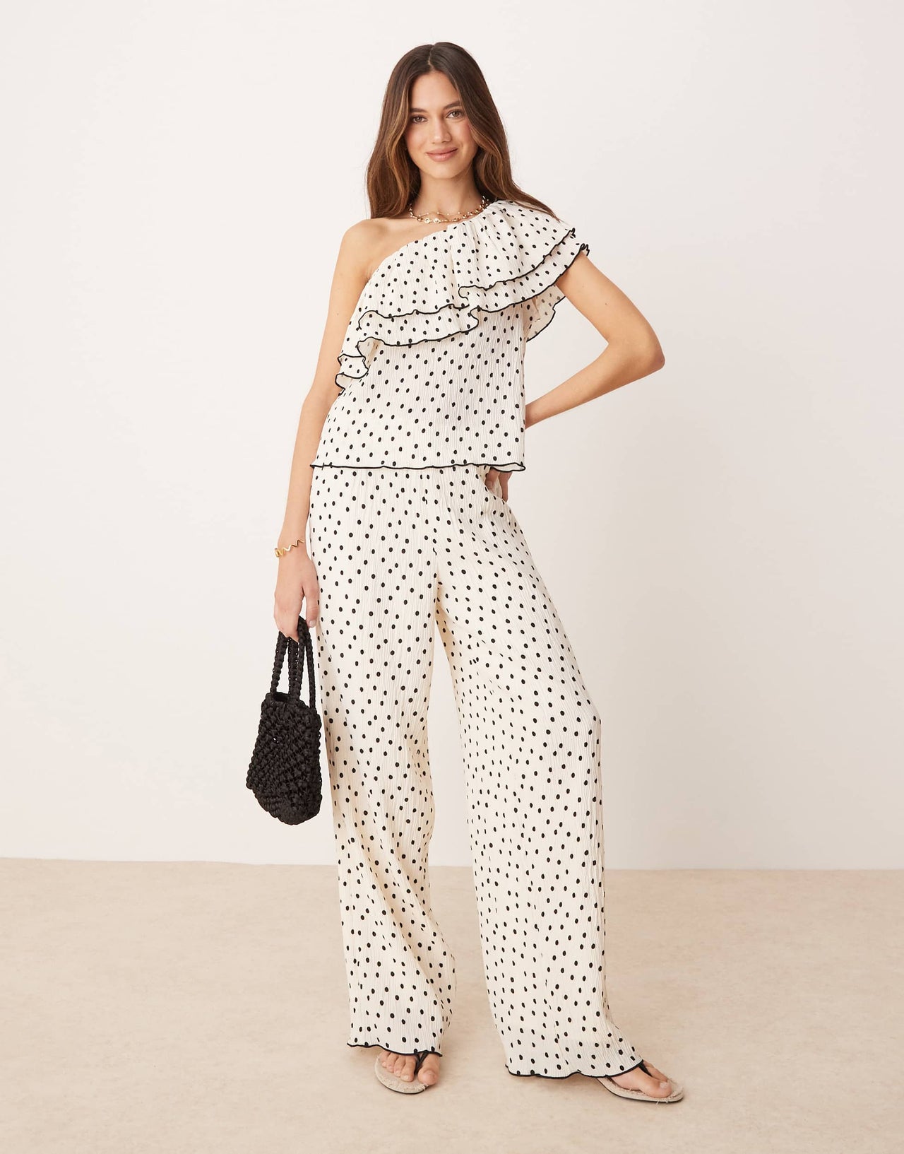 YAS wide leg trouser co-ord in cream and black polka dot