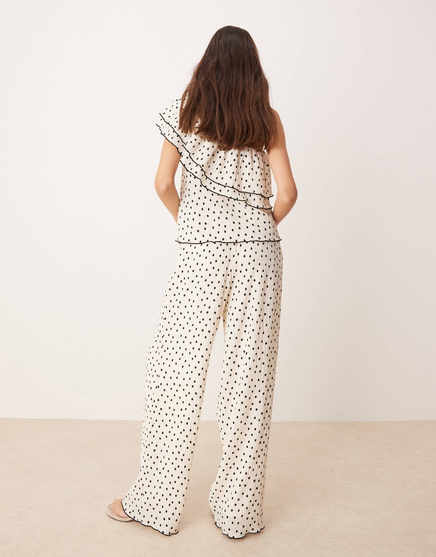 YAS wide leg trouser co-ord in cream and black polka dot