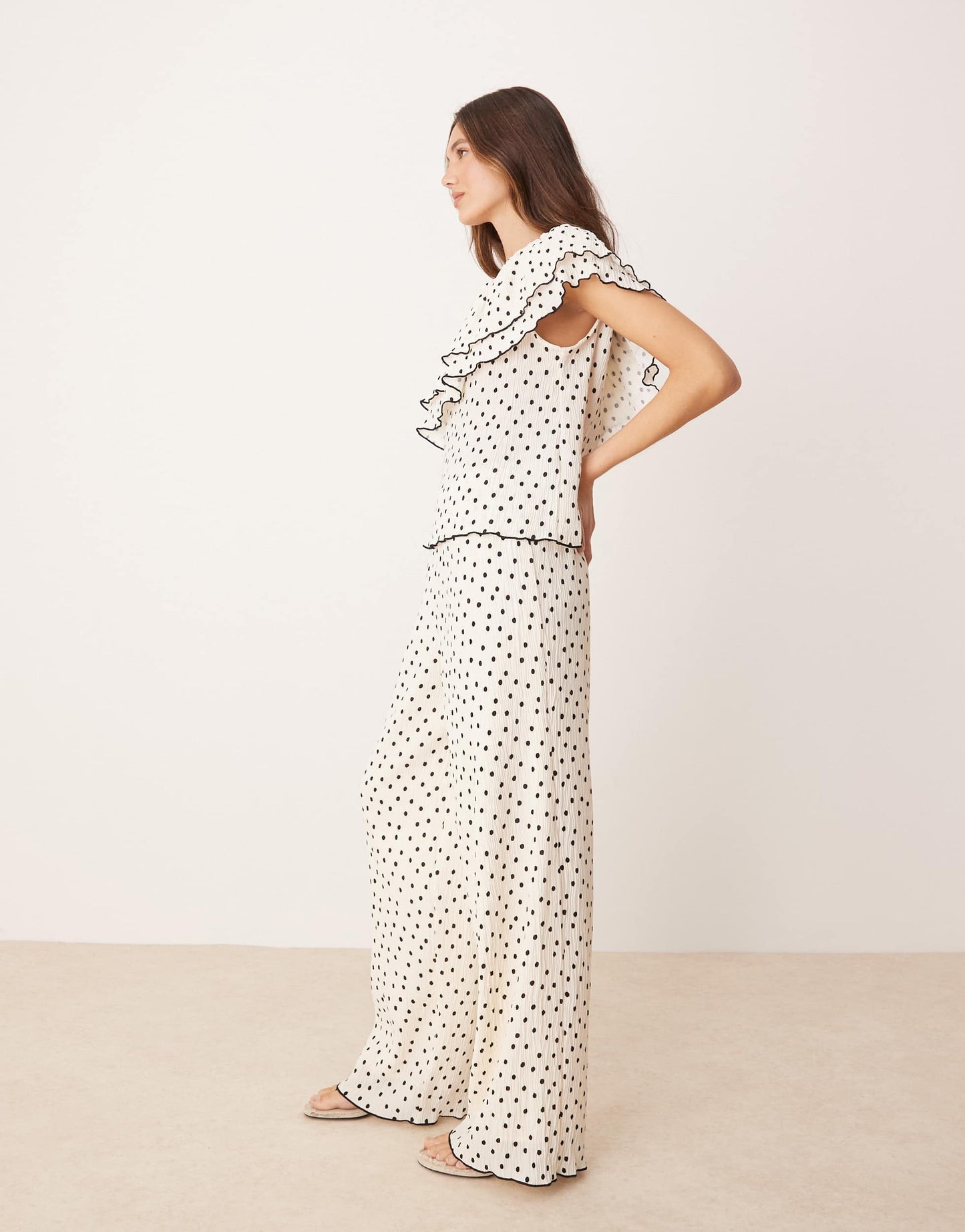 YAS wide leg trouser co-ord in cream and black polka dot
