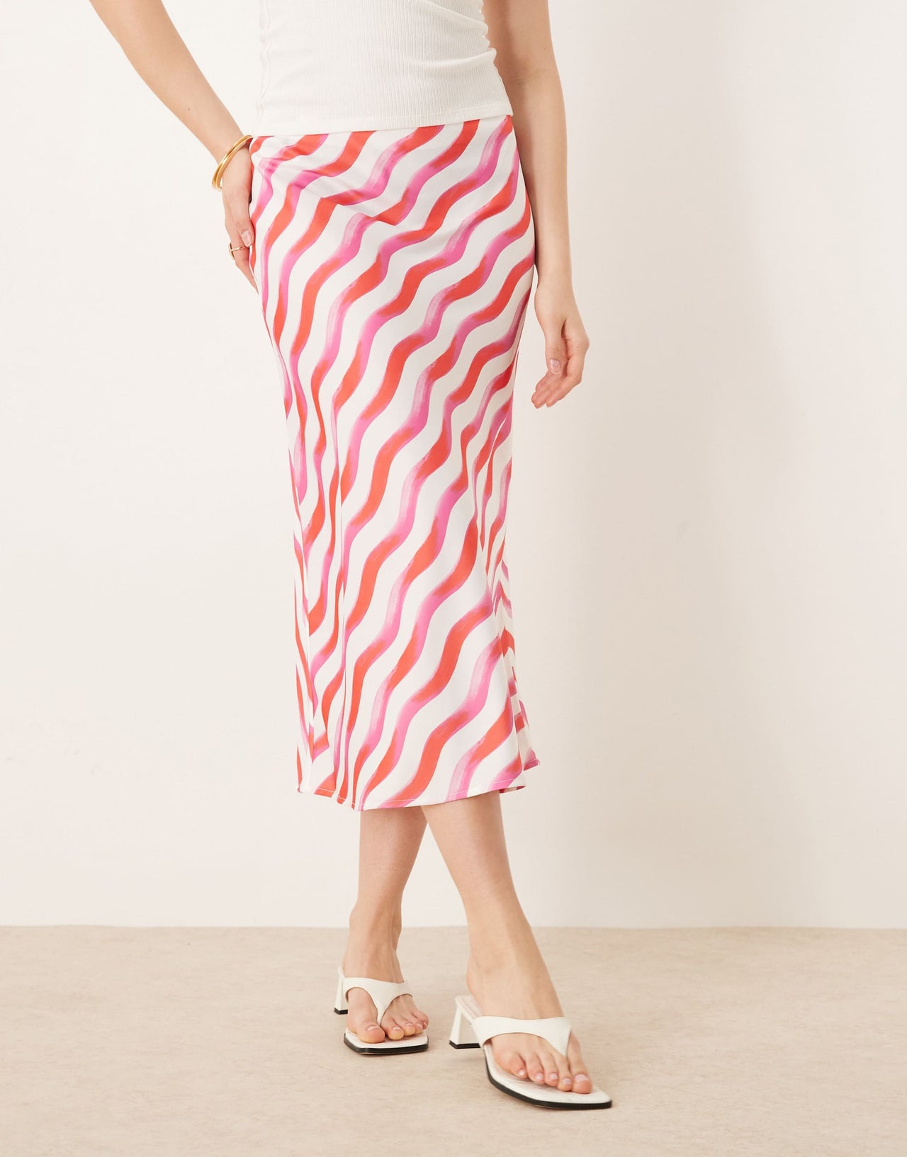 YAS diagonal stripe midi skirt in pink and white