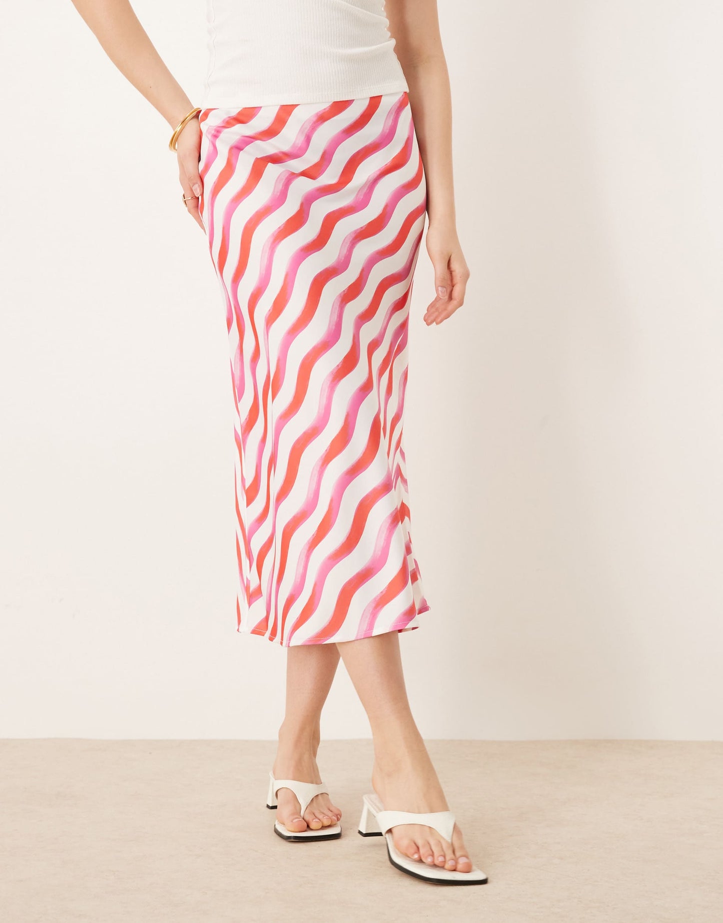 YAS diagonal stripe midi skirt in pink and white