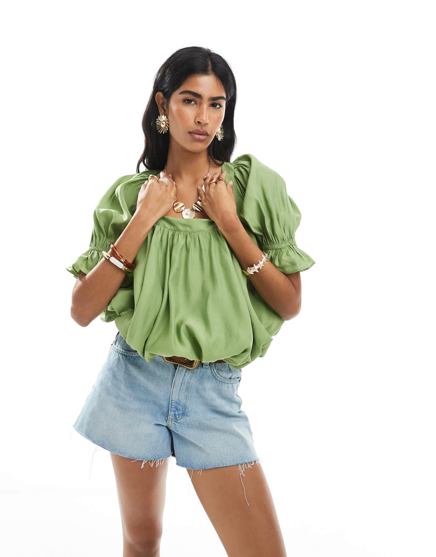 ASOS DESIGN square neck puff blouse in Green