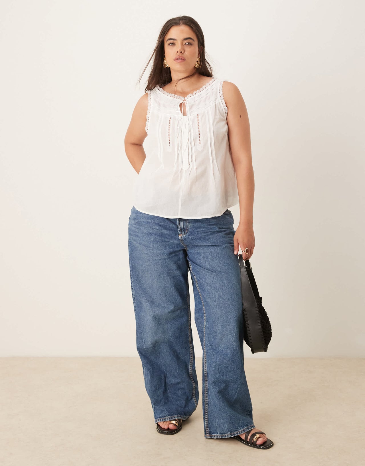 ASOS DESIGN Curve sleeveless lace trim top with ribbon tie detail in white