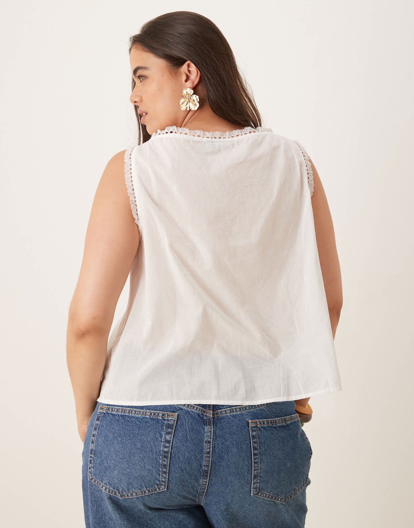 ASOS DESIGN Curve sleeveless lace trim top with ribbon tie detail in white