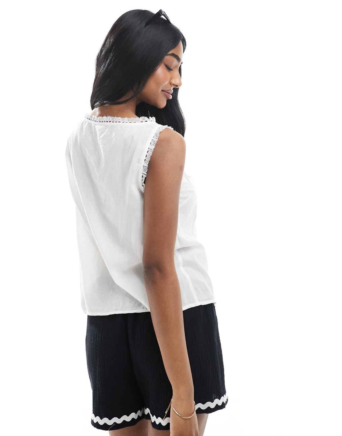 ASOS DESIGN sleeveless lace trim top with ribbon tie detail in white