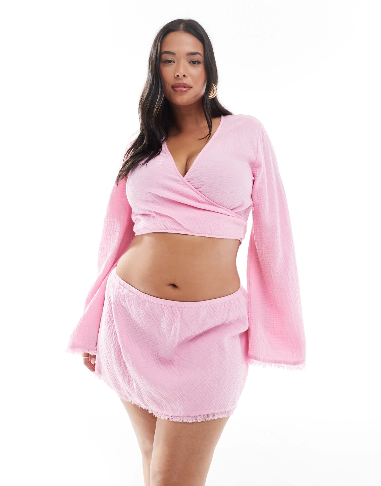ASOS DESIGN Curve Callie cheesecloth frayed beach skirt in pink