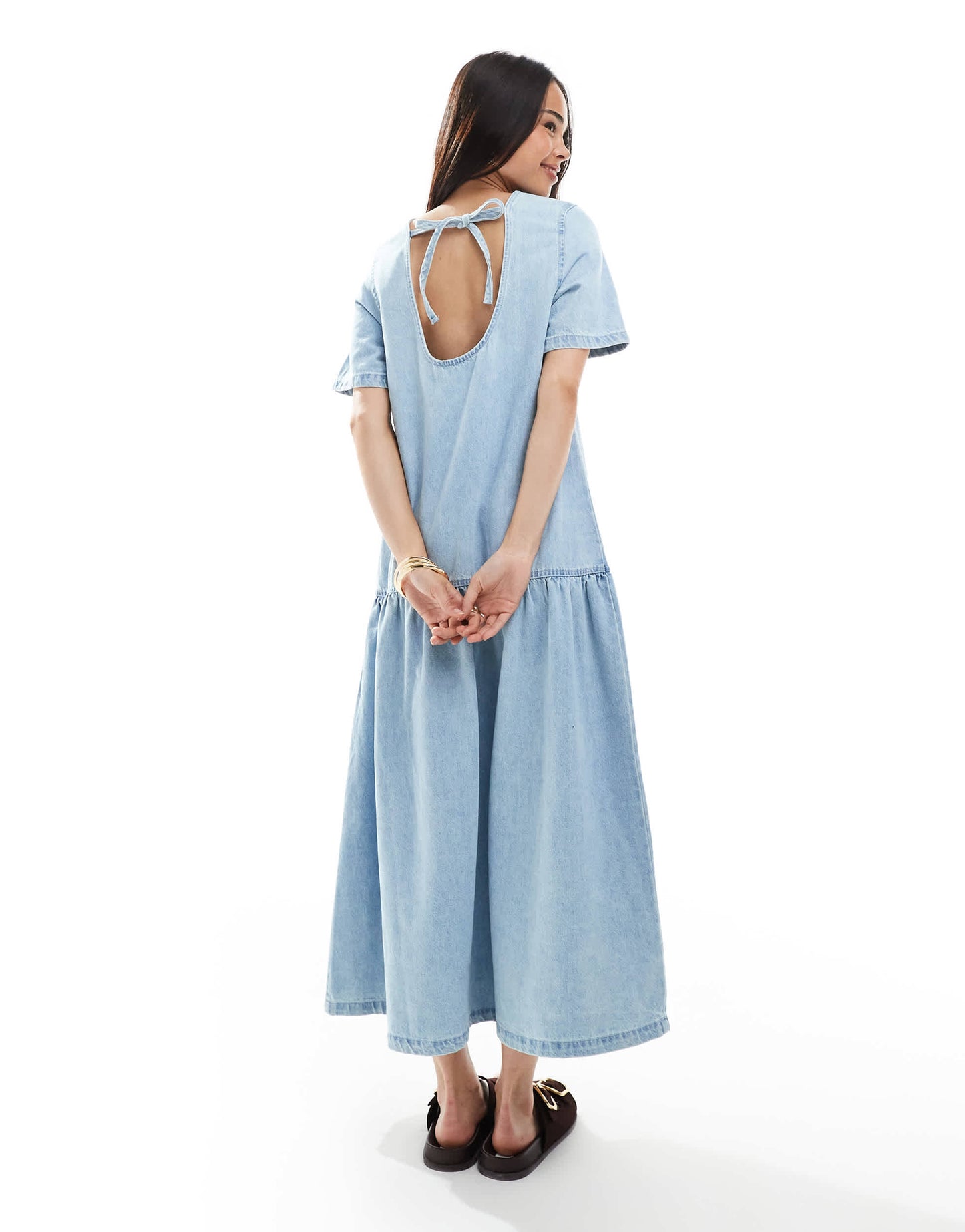 ASOS DESIGN denim t-shirt midi dress with drop waist in midwash blue