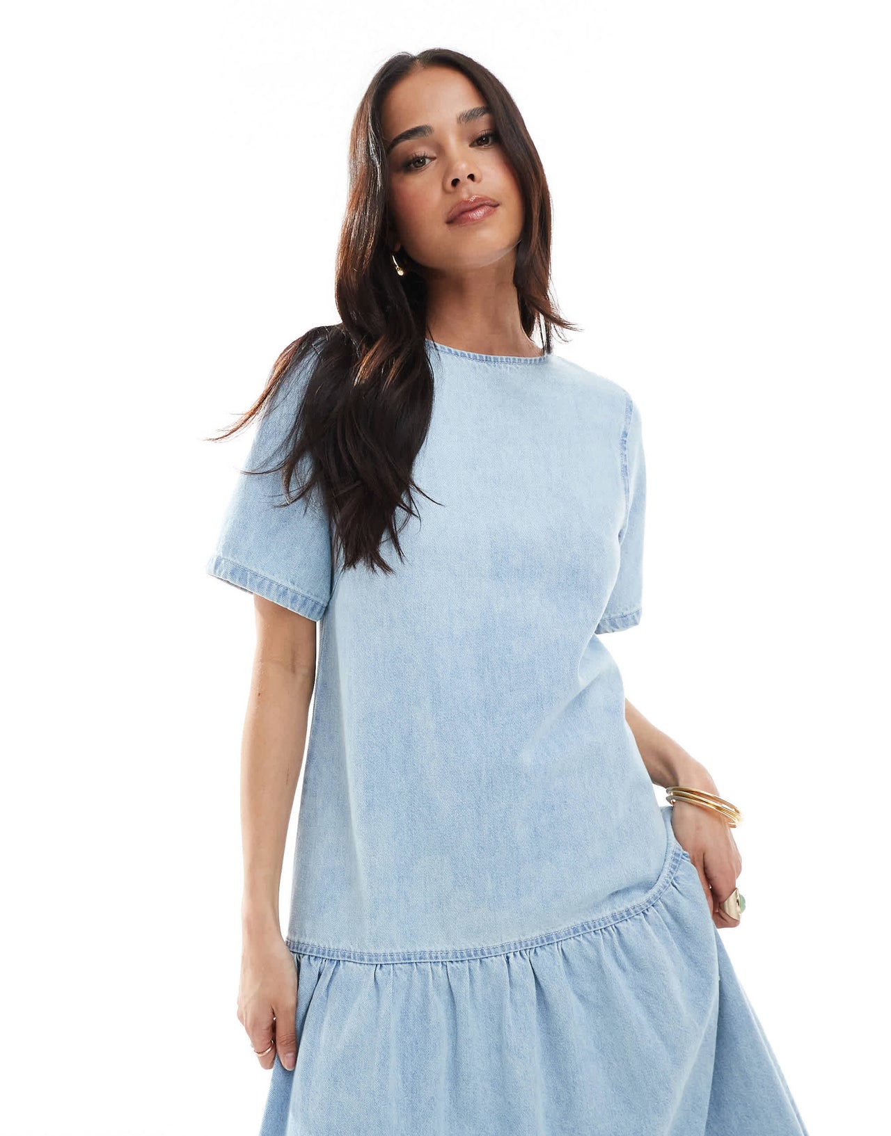 ASOS DESIGN denim t-shirt midi dress with drop waist in midwash blue