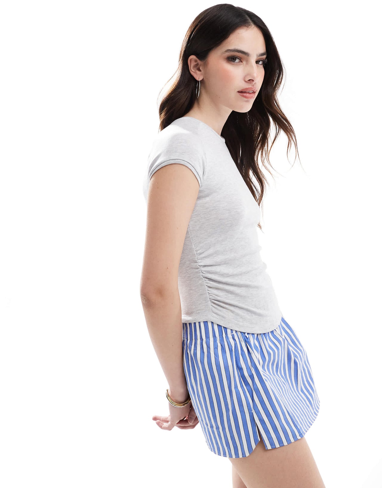 Bershka ruched side baby tee in grey marl