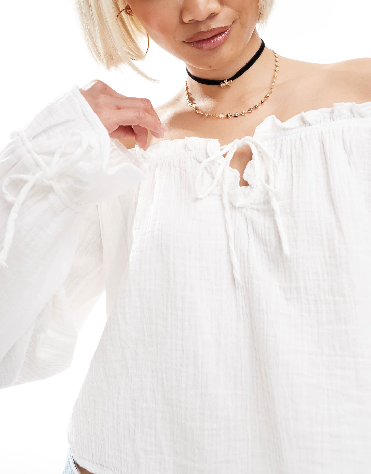 Bershka crinkle bardot top in ecru