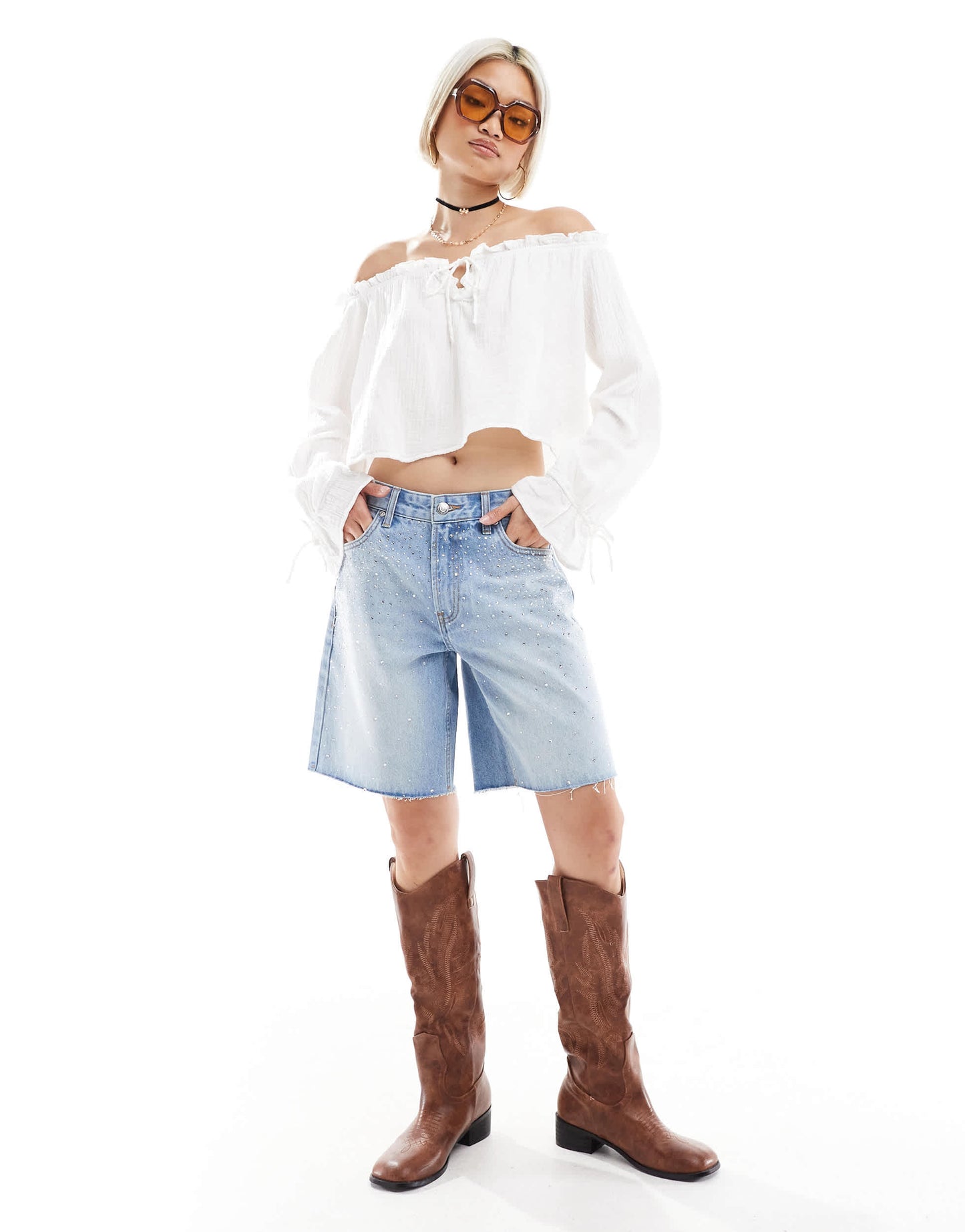 Bershka crinkle bardot top in ecru