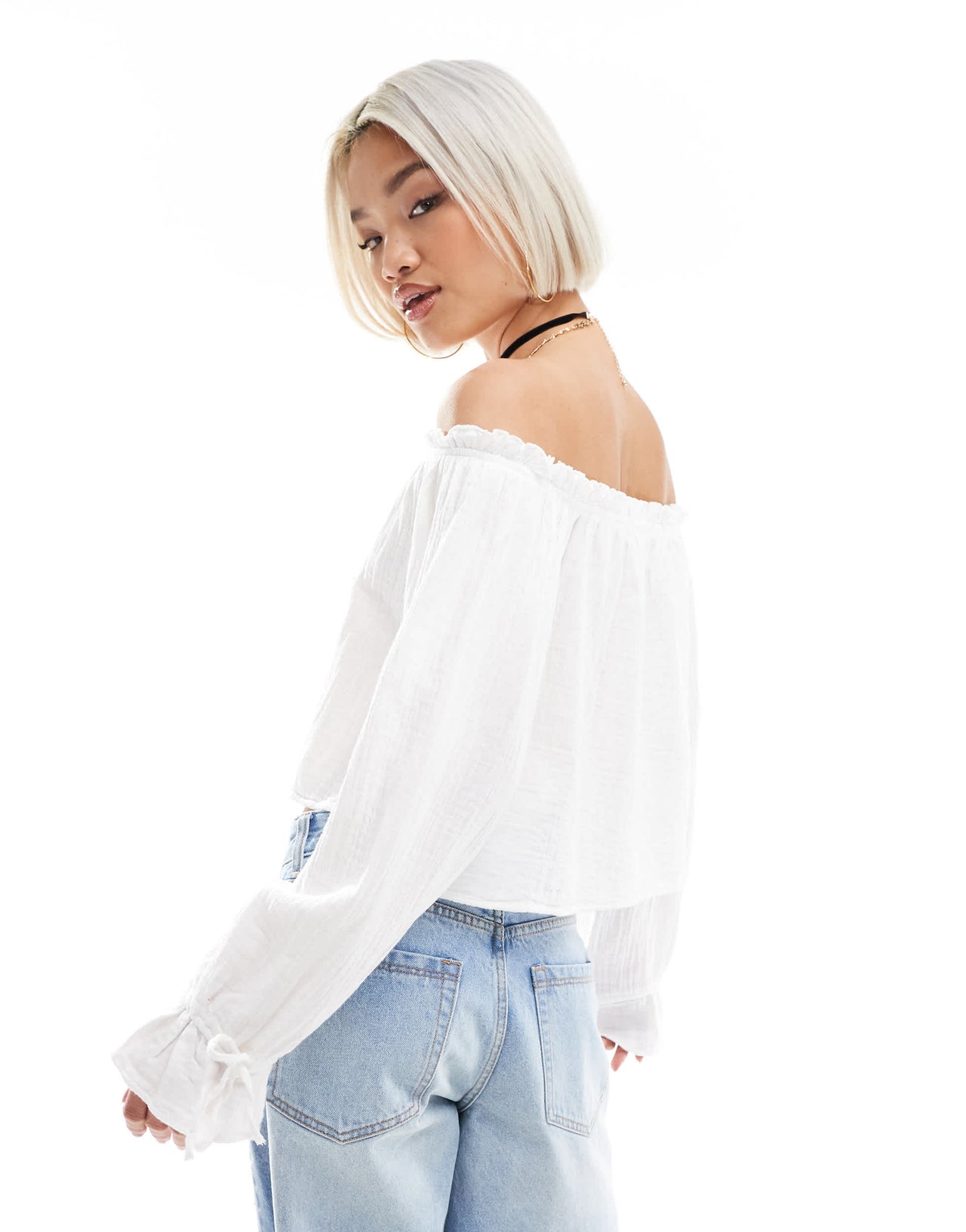 Bershka crinkle bardot top in ecru