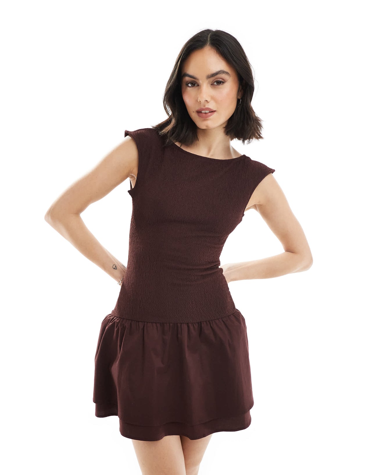 Bershka shirred puffball mini dress in burgundy