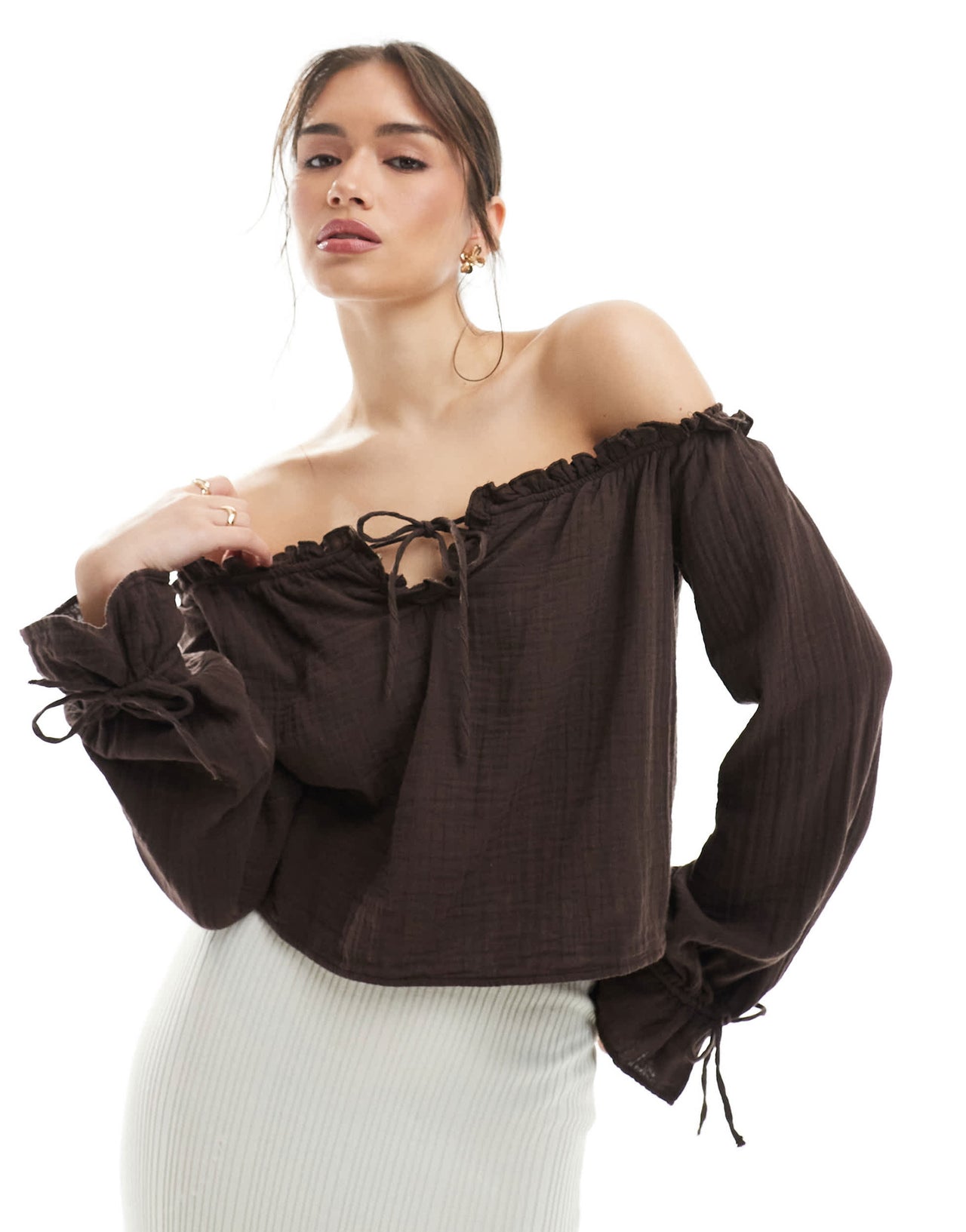 Bershka crinkle bardot top in brown
