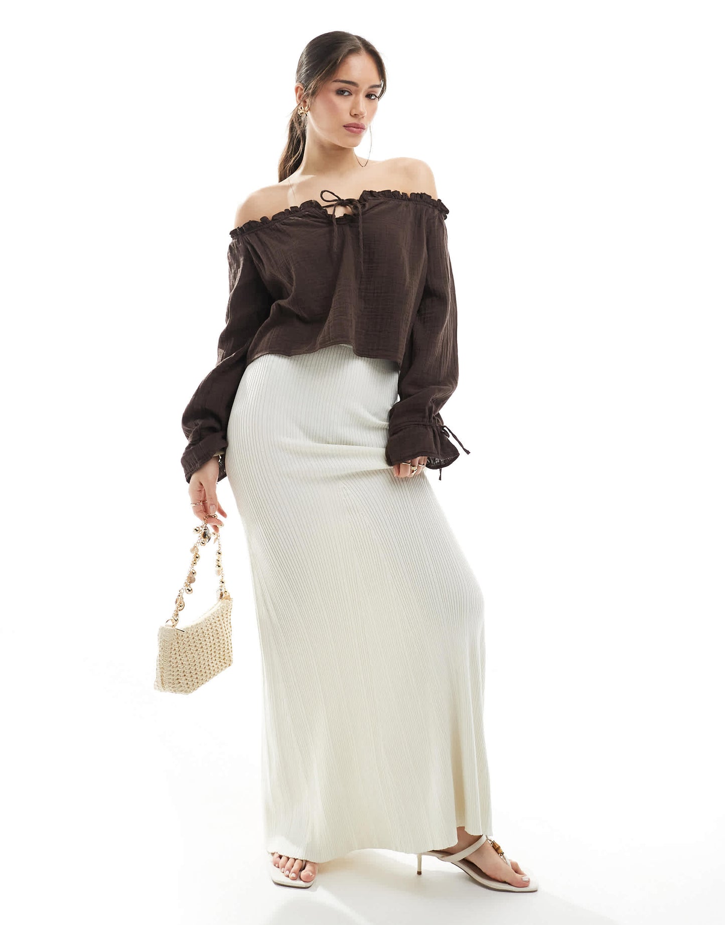 Bershka crinkle bardot top in brown