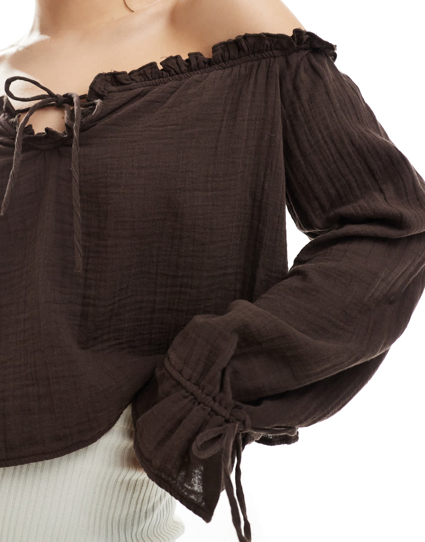 Bershka crinkle bardot top in brown