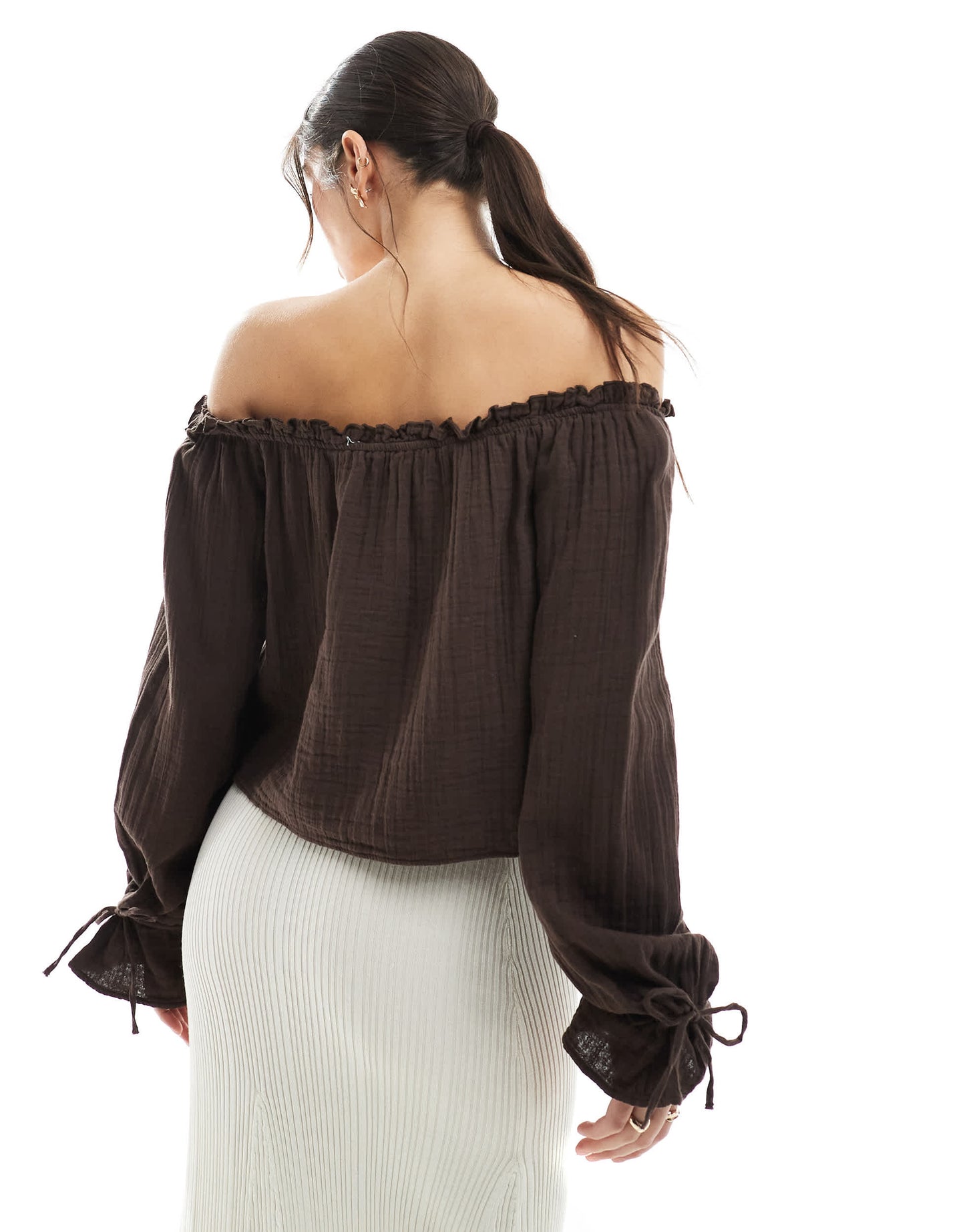 Bershka crinkle bardot top in brown