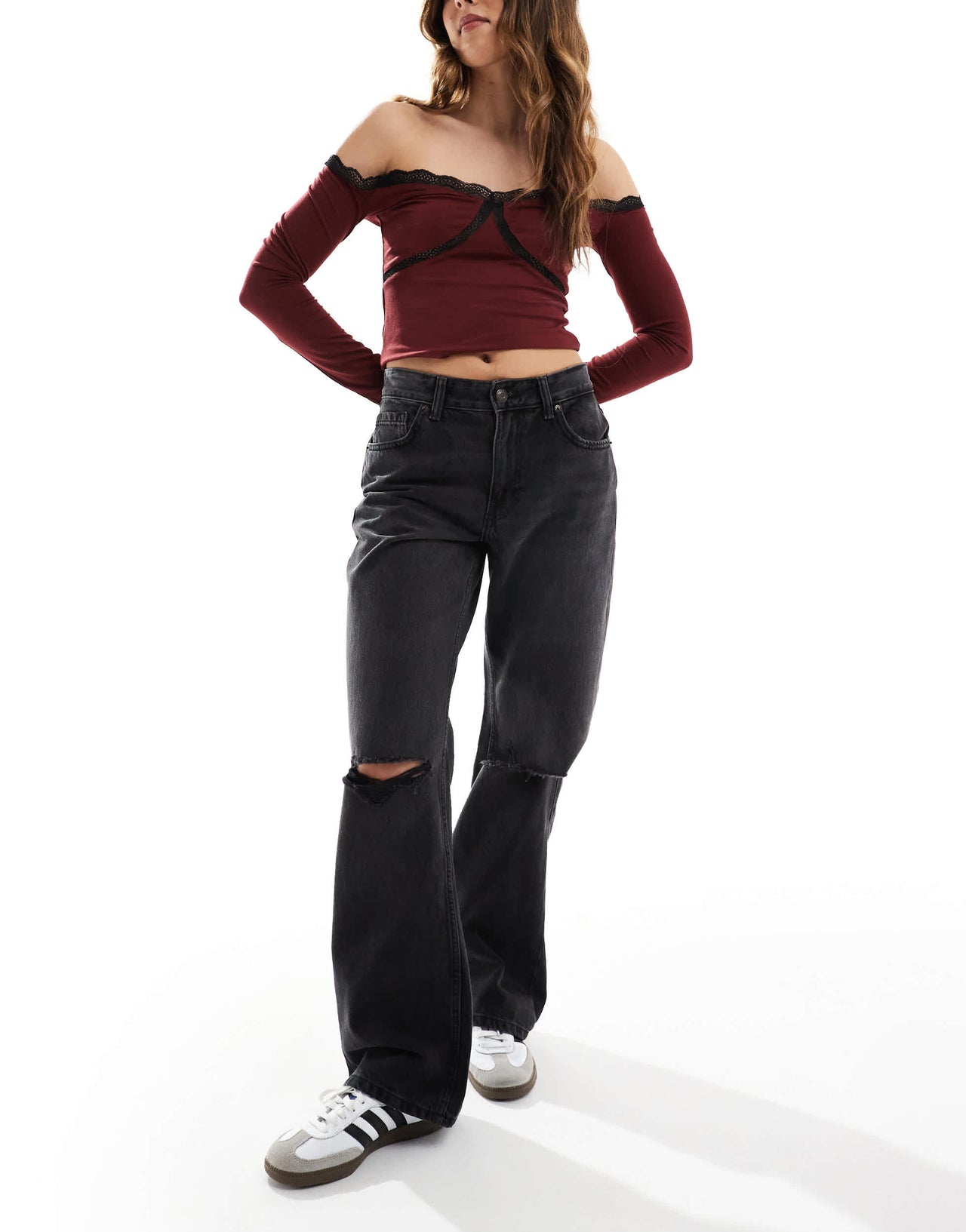 Bershka ripped knee wide leg jeans in black