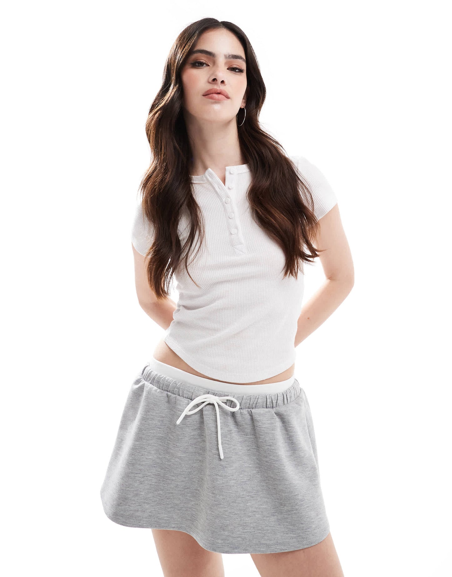 Bershka double waistband skater mini skirt in grey marl