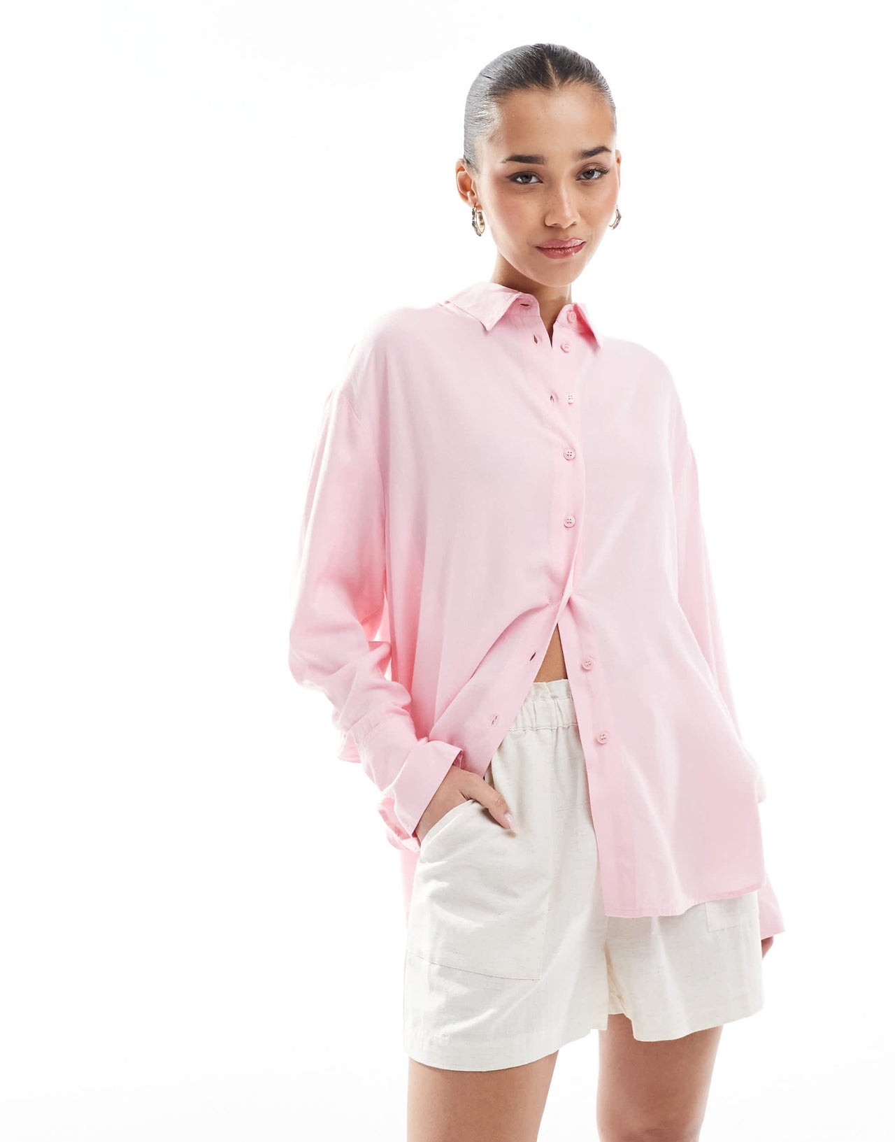 Bershka oversized linen shirt in pink