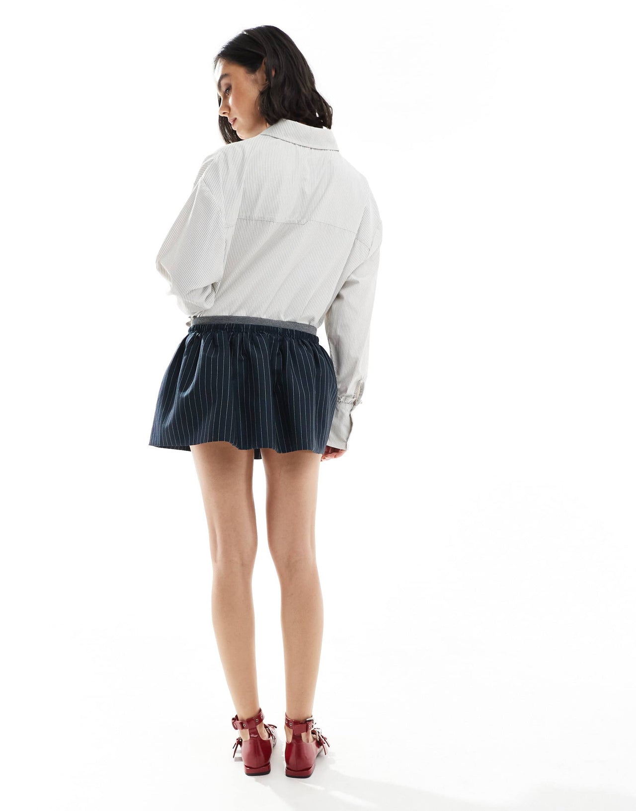 Bershka double waistband skater mini skirt in blue pinstripe